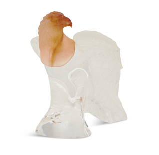 Daum Pate de Verre Glass Eagle: Daum Pate de Verre Glass Eagle contemporary, the eagle with an amber pate de verre head, frosted wings and colorless body, signed "Daum France", both engraved and with the original label.