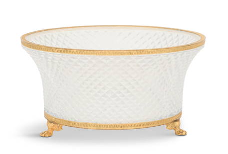 French Cut-Glass Centerpiece Bowl: French Cut-Glass Centerpiece Bowl ca. 1900, the diamond-point cut-glass bowl with engine-turned bronze fittings, raised on bronze paw feet. h. 4-3/4", dia. 9" Provenance: Kevin Stone