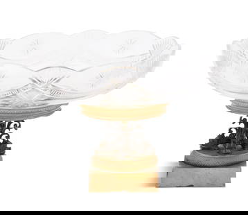 Cut-Glass and Bronze Centerpiece Bowl: French Belle Epoque Cut-Glass and Bronze Centerpiece Bowl fourth quarter 19th century, the scalloped glass bowl cut with palmettes and set into a bronze standard decorated with four molded bronze
