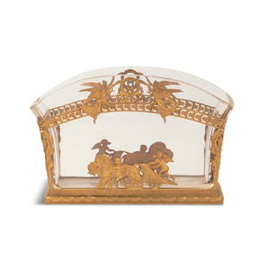 French Crystal and Gilt-Brass Vase: French Crystal and Gilt-Brass Vase ca. 1900, the fan-form vase with a cut-crystal insert, the pierced frame with angels supporting wreaths at the top, the sides with cherubs riding lion-drawn