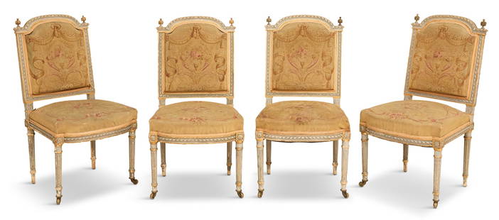 Suite of Four Louis XVI-Style Side Chairs: Suite of Four Louis XVI-Style Side Chairs 19th century, the polychrome and parcel-gilt chairs with rope-carved frames and plume finials, covered in Aubusson fabric, raised on turned and fluted legs.