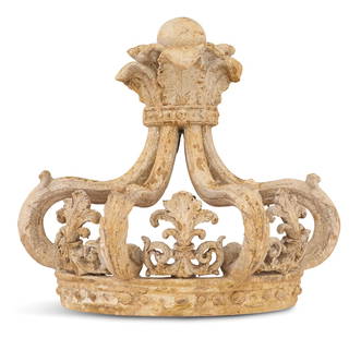 Painted Terracotta Bed Corona in the Rococo Taste: Painted Terracotta Bed Corona in the Rococo Taste in the form of a half crown, the crest with feathers supporting a spherule, on leaf-molded scrolls alternating with pierced leaves and scrollwork, on