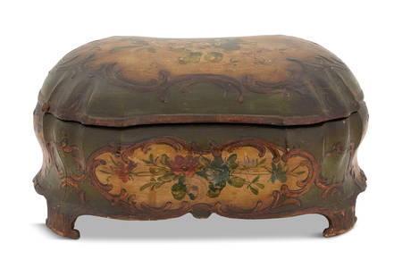 Italian Baroque Revival Polychrome Box: Italian Baroque Revival Polychrome Box 19th century, the reverse serpentine-form box decorated with floral bouquets framed with raised gilt scrollwork, on a dark green ground. h. 6", w.