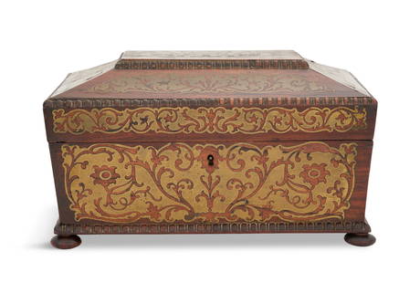 William IV Brass-Inlaid Rosewood Box: William IV Brass-Inlaid Rosewood Box second quarter 19th century, the sarcophagus-form box inlaid with panels of brass marquetry, the edges with bobbin-turned trim and the sides with brass ring