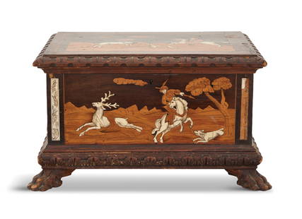 Italian Inlaid Lombardy Casket: Italian Inlaid Lombardy Casket 19th century, in the Baroque taste, inlaid with bone and tropical hardwood, depicting hunters in 17th-century costume, on horseback with dogs pursuing game, the corners