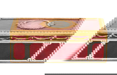 Italian Enamel and Gilt-Metal Box: Italian Enamel and Gilt-Metal Box 20th century, in the neoclassical taste, the red guilloche enamel cover decorated with an oval portrait and paste "jewels", the guilloche sides in white