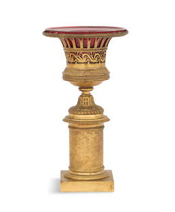Restauration Glass-Lined Bronze Garniture Urns: French Restauration Bronze Garniture Urn 19th century, the blown and polished ruby glass liner set into a pierced and gilt-bronze urn, molded with lotus leaves and vines, on a leaf-molded base,