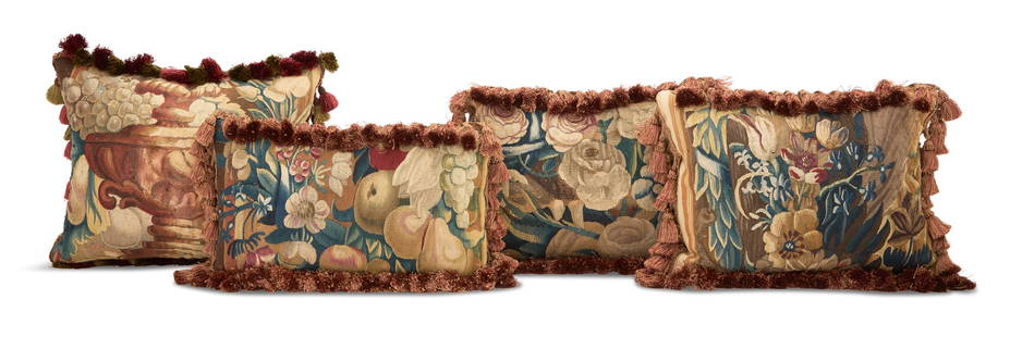 Collection of Four Aubusson Tapestry Pillows: Collection of Four Aubusson Tapestry Pillows 19th century and later, including three pillows decorated with Baroque-style flowers, trimmed in tasseled fringe, w. 12", l. 16", and a single