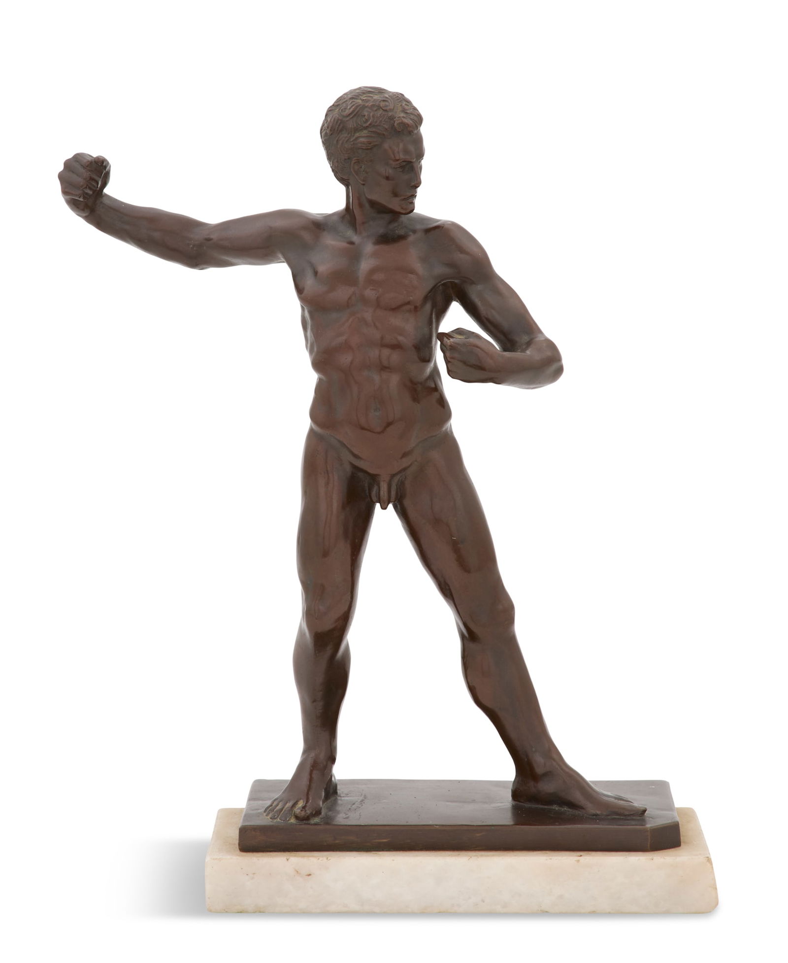 Bronze and Marble Nude of an Athlete: Bronze and Marble Nude of an Athleteearly 20th century, probably an archer, retaining a warm brown patina, on an old marble base.h. 12-1/2", w. 10", d. 4" Provenance: Kevin Stone Antiqu