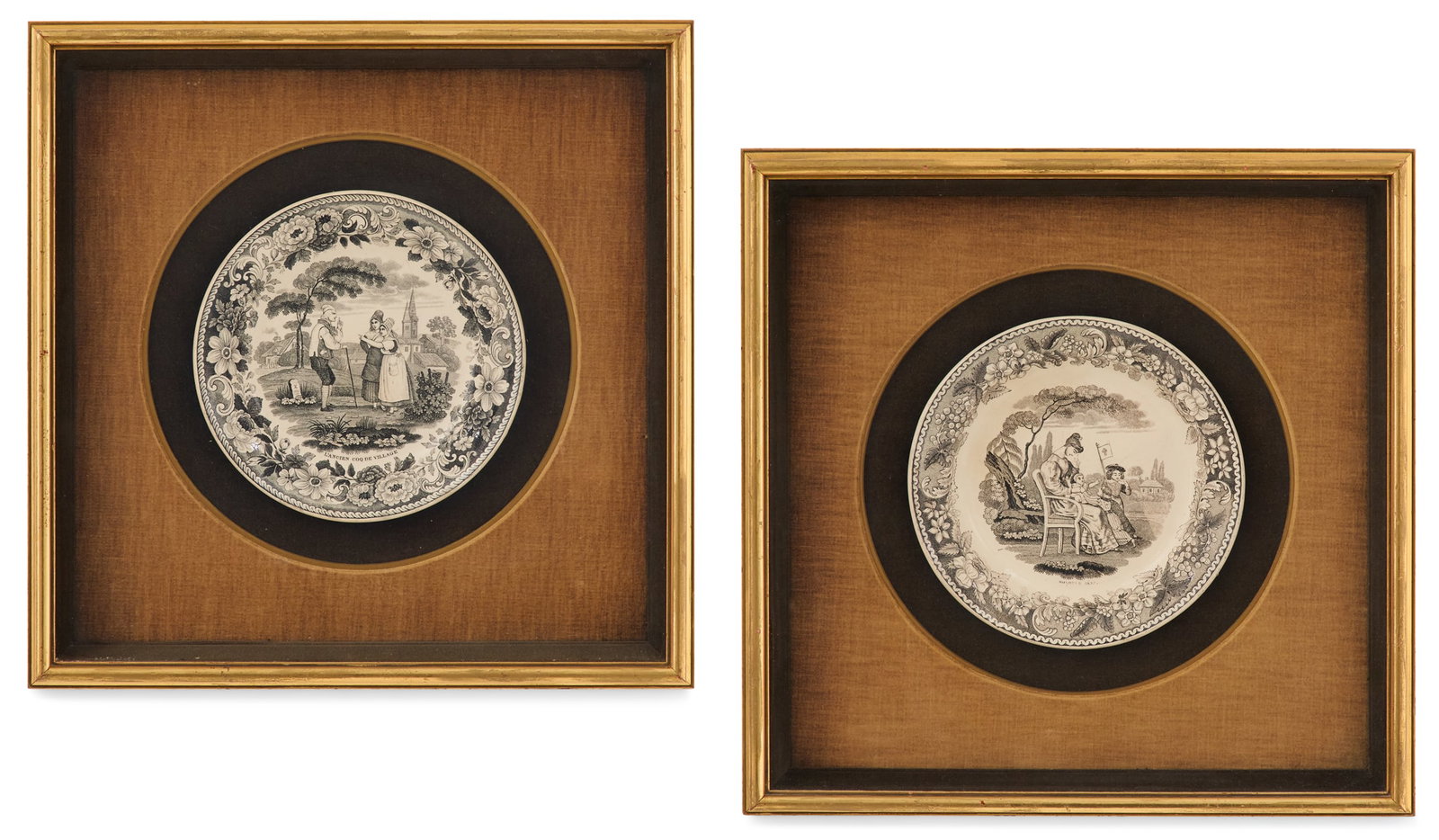 Pair of Creamware Transfer-Printed Plates: Pair of Creamware Transfer-Printed Platessecond quarter 19th century, attributed to Montereau, one plate decorated with a mother and children and the other with an elderly man in a garden, each in a g