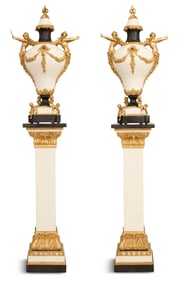 Pair of Gilt Resin and Stone Urns on Pedestals