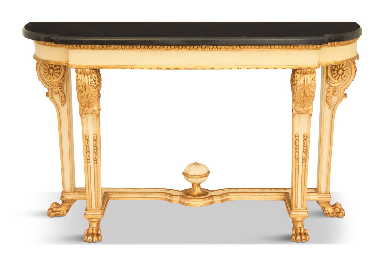 Italian Granite-Top Console Table: Italian Creme-Peinte and Granite-Top Console Tablecontemporary, the thick conforming granite top over a parcel-gilt console with a straight frieze and a beaded border, raised on carved legs ending in