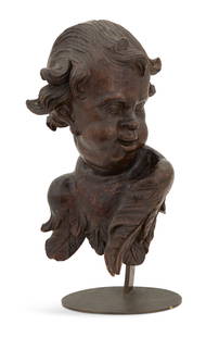 Italian Carved Wooden Bust of a Cherub: Italian Carved Wooden Bust of a Cherub 17th century, in the Baroque taste, the cherub carved with wings and mounted on a contemporary patinated metal stand. h. 17-1/2", w. 9", d. 8" 