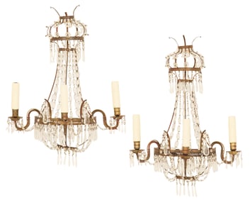 Pair of French Brass and Crystal Scones