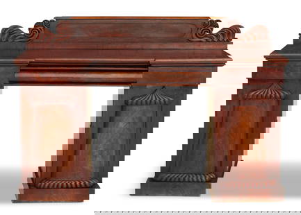 William IV Mahogany Pedestal Sideboard: William IV Mahogany Pedestal Sideboard second quarter 19th century, the rectangular top with a paneled and foliate-scroll modeled backpiece and recessed center section, above a conforming frieze