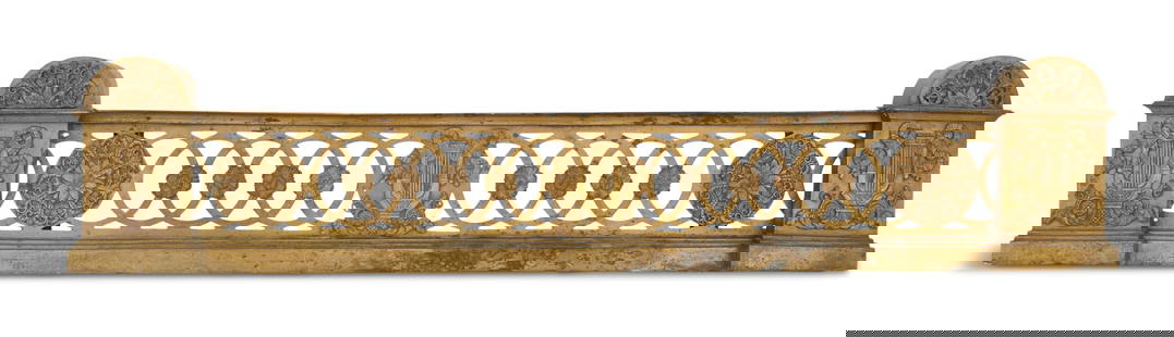 French Restauration Bronze Dore Adjustable Fender: Handsome French Restauration Bronze Dore Adjustable Fender second quarter 19th century, the arched ends decorated with mounts of lyres and lunettes, and the pierced center rail with medallions and