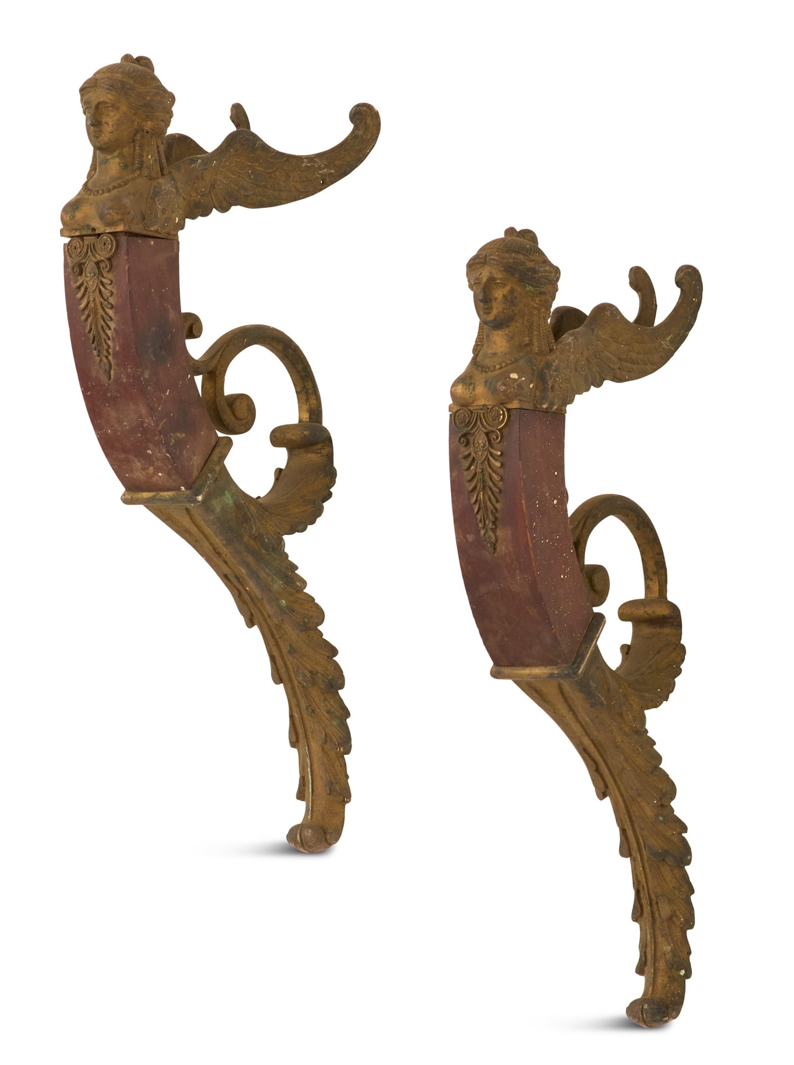 French Empire Bronze and Mahogany Figural Mounts: French Empire Bronze and Mahogany Figural Mounts late 19th century, the mahogany bodies set with winged heads of Greek sphinxes and pierced bronze foliate mounts, the lower portions with acanthus leav