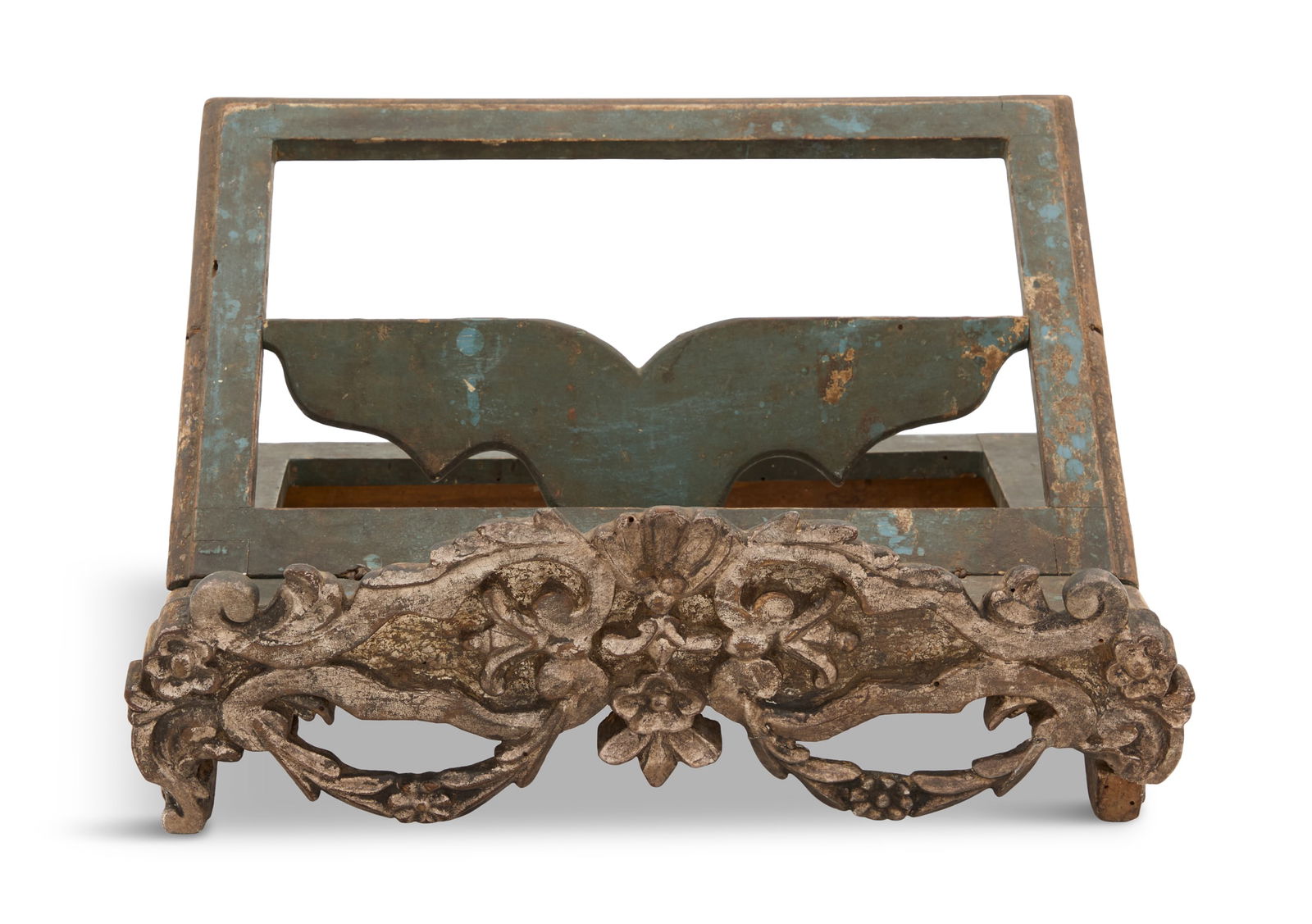 Italian Silver Giltwood Book Stand: Italian Silver Giltwood Book Standca. 1800, in the rococo taste, the front panel carved with scrollwork and flower heads, a pair of pierced swags at the base, the carved stand on a ratcheted easel-bac