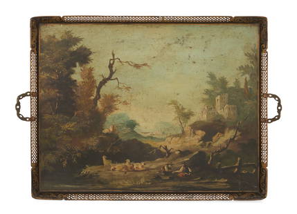 Continental Painted Tole Tea Tray: Continental Painted Tole Tea Tray ca. 1900, decorated with a pastoral landscape in the Claude Lorrain (French, 1600-1682) taste, the pierced and cove-molded edges accented with gilt, set with brass