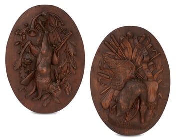 Pair of Swiss Black Forest Carved Wood Plaques