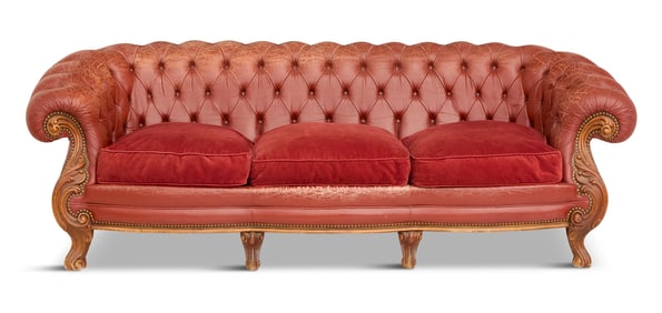 Leather and Velvet-Covered Chesterfield Sofa