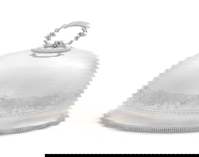 Edwardian Silverplate Meat Dome: Edwardian Silverplate Meat Domefirst quarter 20th century, by Mappin & Webb, decorated with flat-chased and wrigglework floral band and gadrooned rim, with addorsed acanthus-mounted reeded handle.h. 8
