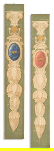 Pair of Contemporary Painted Panels: Pair of Contemporary Painted Panelsin the Baroque taste, decorated with swags of leaves ornamented with cabochons, including one "lapis" example and one "carnelian" example, each w