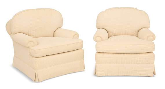 Pair of Brunschwig & Fils "Cavendish" Club Chairs: Pair of Brunschwig & Fils-Labeled "Cavendish" Club Chairswith fan-shaped, tightly rolled backs continuing into the arms, the backs and seats with conforming loose cushions, the simple skirts with plea