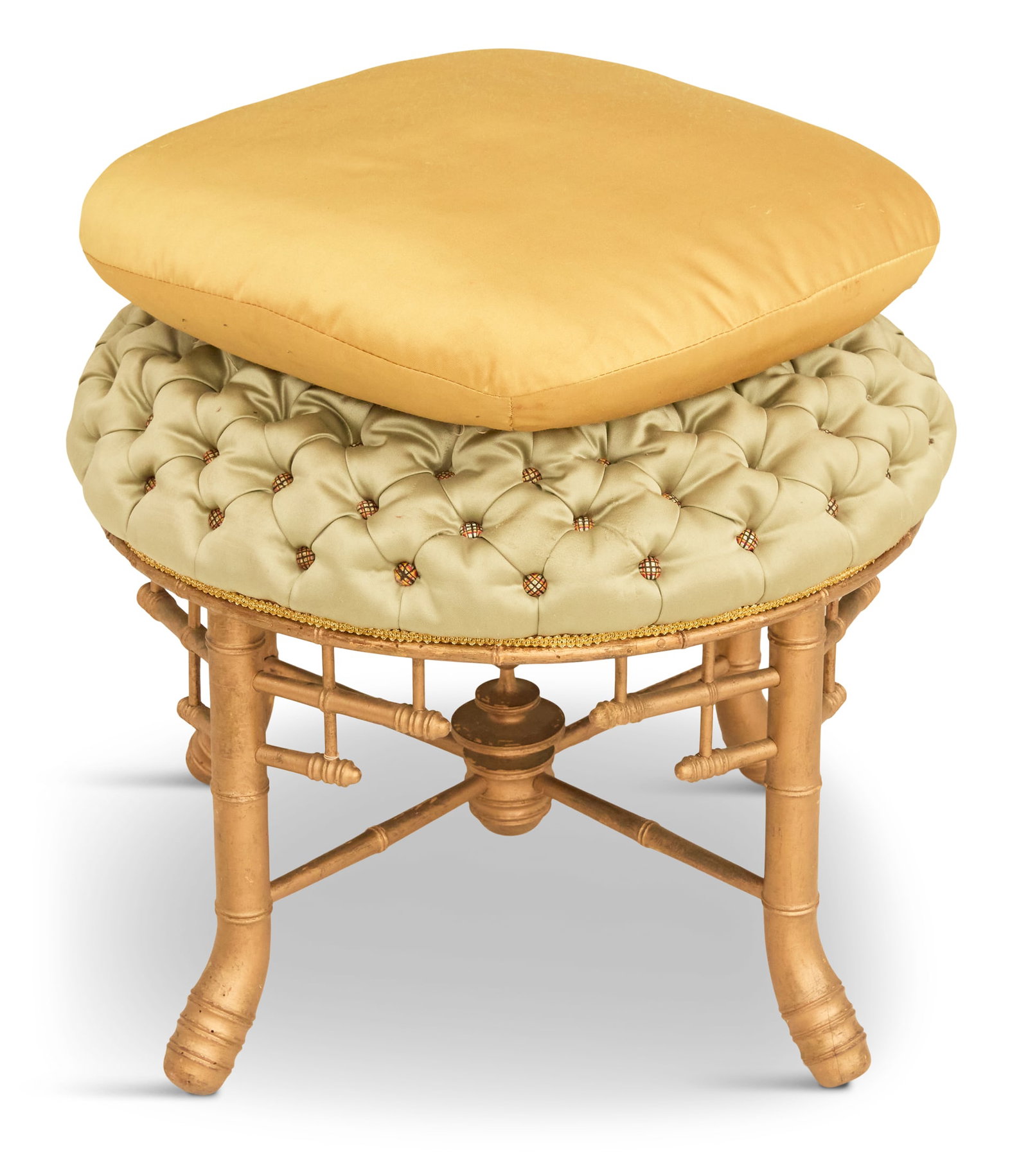 Napoleon III Gilded Faux Bamboo Poof Stool: Napoleon III Gilded Faux Bamboo Poof Stool 19th century, the pillow top over a diamond-tufted cushion, raised on four faux bamboo splayed legs. h. 20", dia. 20" Provenance: Kevin Stone Antiq