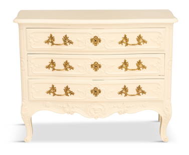 Louis XV-Style Creme-Peinte Commode: Louis XV-Style Creme-Peinte Commodeearly 20th century, fitted with three serpentine drawers set with bronze hardware, raised on cabriole legs.h. 36", w. 45", d. 21"