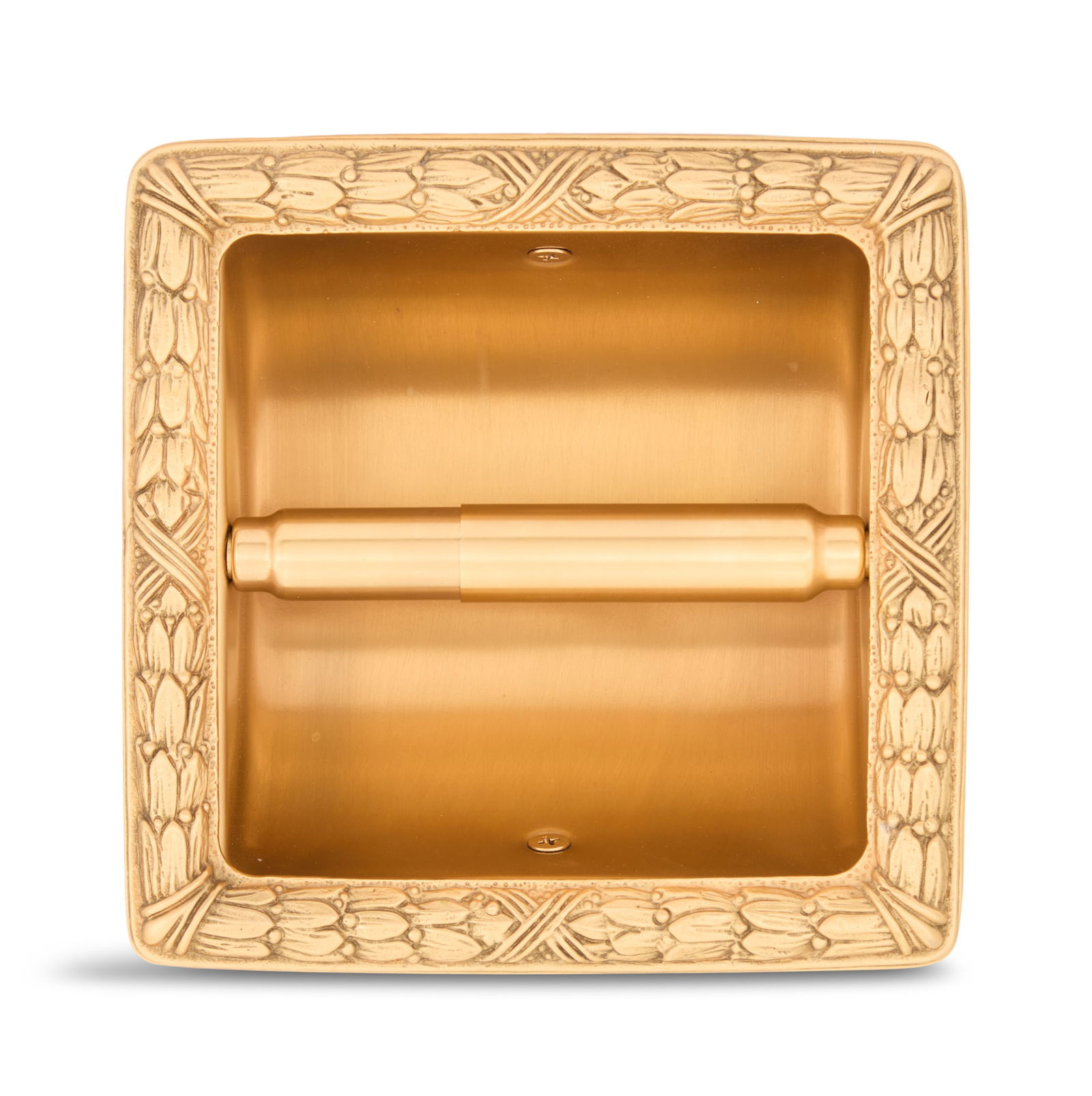 Sherle Wagner Gold-Plated Brass Paper Dispenser: Sherle Wagner Gold-Plated Brass Paper Dispenser20th century, the rounded square dispenser decorated with a ribbon-bound bellflower frame.h. 7", w. 7"