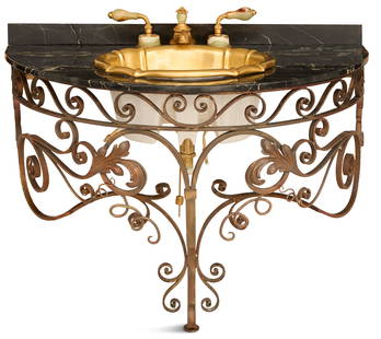 Sherle Wagner Vanity on a French Iron Base: Sherle Wagner Vanity on a French Iron Basecontemporary, the Sherle Wagner serpentine "Empire Gold" sink set with gold-plated brass and onyx handles and faucet, on a demilune Portoro marble t