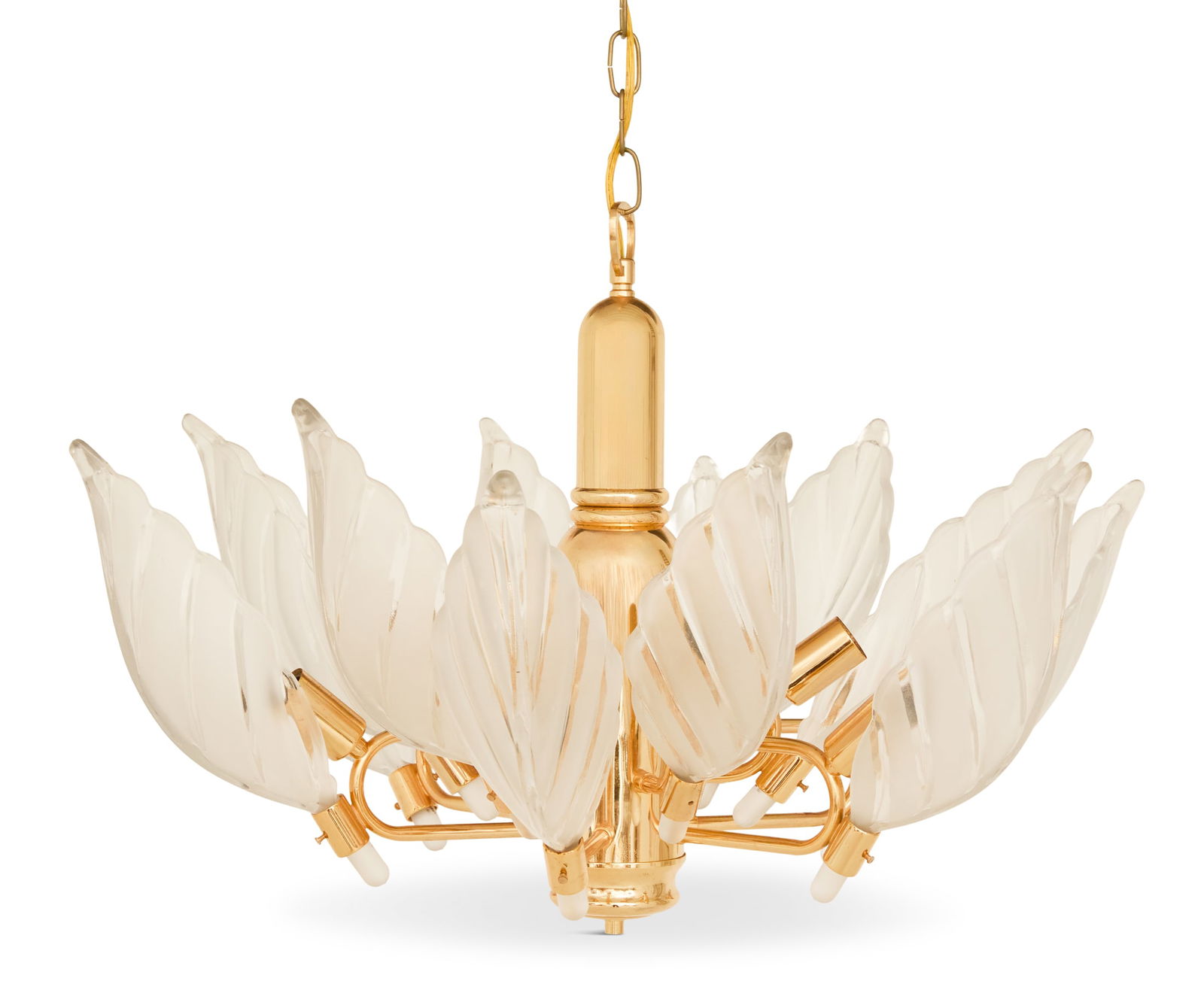 Murano Glass and Brass Chandelier: Murano Glass and Brass Chandelierin the manner of Franco Luce, the twelve-light chandelier with a cylindrical brass standard set with two tiers of sockets, with leaf-form molded and frosted glass shad