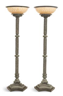 Pair of Bronze, Marble and Resin Torcheres: Pair of Bronze and Marble Floor Lampscontemporary, in the Baroque taste, the resin shades decorated with a mosaic pattern, on bronze barley-twist standards with egg-and-dart fittings, above bronze paw