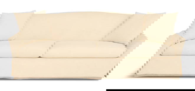Contemporary Long, Two-Cushion Sofa: Contemporary Long, Two-Cushion Sofawith a slightly arched and padded back and down-curved arms, with two reversible seat cushions and a pair of pillows.h. 34", w. 85", d. 36"
