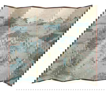 Contemporary Chinese Six-Panel Screen: Contemporary Chinese Six-Panel Screen20th century, the hardwood frame with brass-bound corners around panels with mandarin decoration of women and children, strolling on bridges and in a summer house