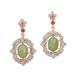 Pair of Opal, Ruby and Diamond Earrings