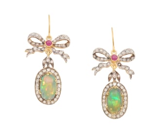 Pair of Opal, Diamond and Ruby Earrings