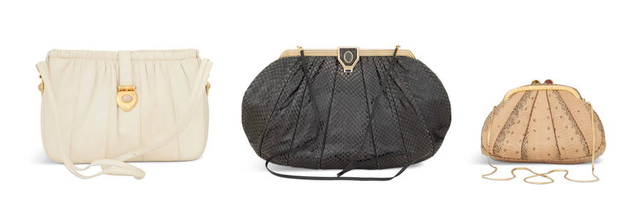 Three Vintage Judith Leiber Bags: Three Vintage Judith Leiber Bags1980s-90s, including a shirred bone karung shoulder bag with a flip-over strap closure ended in a rose quartz centered gold pendent, the knotted self-straps attached at