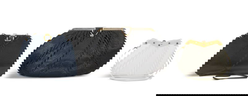 Three Vintage Judith Leiber Convertible Day Bags: Three Vintage Judith Leiber Convertible Day Bags1980s-90s, including a large, shirred black snake clutch with a grooved gilt-metal frame and flip-over clasp mounted with intaglio-centered onyx, with d