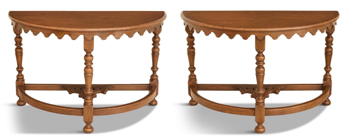 Pair of Italian Walnut Demilune Console Tables