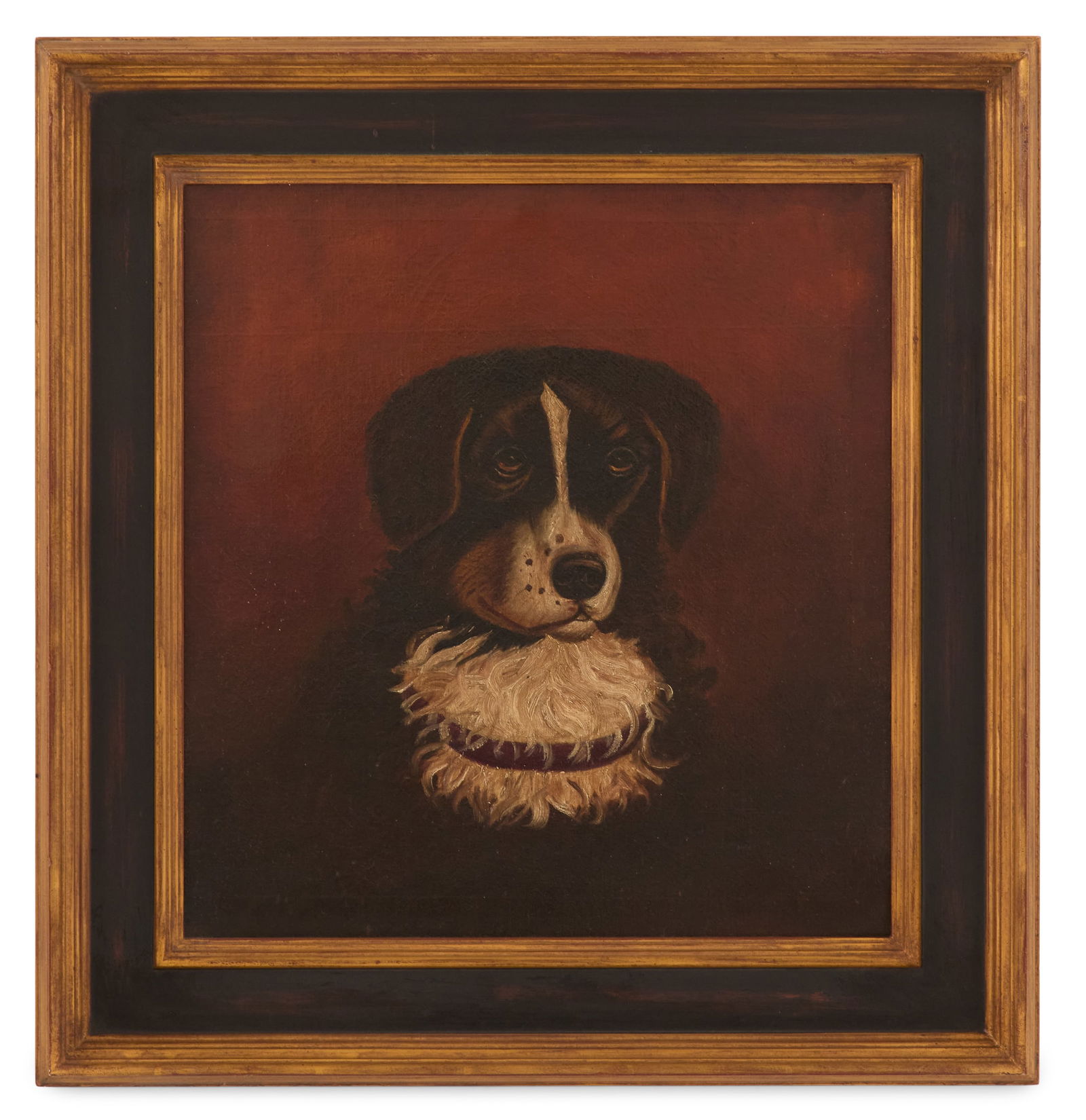 American School (Late 19th Century): American SchoolLate 19th Century"Dog with White Furry Chest"oil on canvasunsigned.Framed.17-1/2" x 16-1/2", framed 22" x 23" Provenance: Kevin Stone Antiques, The Collect