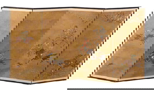 Japanese Four-Panel Folding Screen: Japanese Four-Panel Folding Screen19th century, ink and mineral pigments on gold paper, depicting battle scenes of a cavalry engagement.h. 36", w. 72" Provenance: Estate of Russell C. Klein,