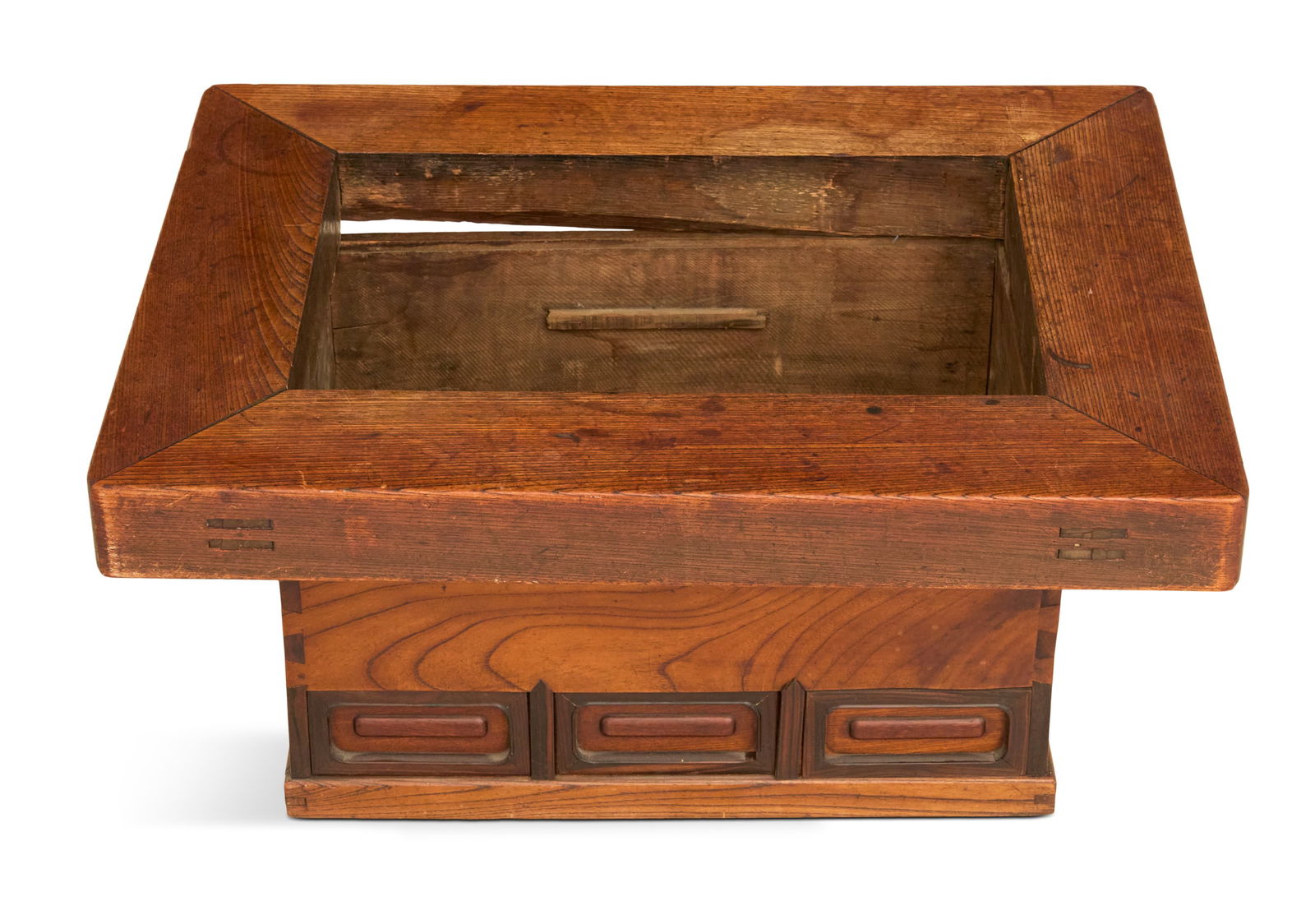 Japanese Oak Hibachi: Japanese Oak Hibachilate 19th century, the rectangular top centered by inset glass over a metal receptacle, raised on a rectangular base, one side fitted with three short drawers.h. 13-1/2", w. 2