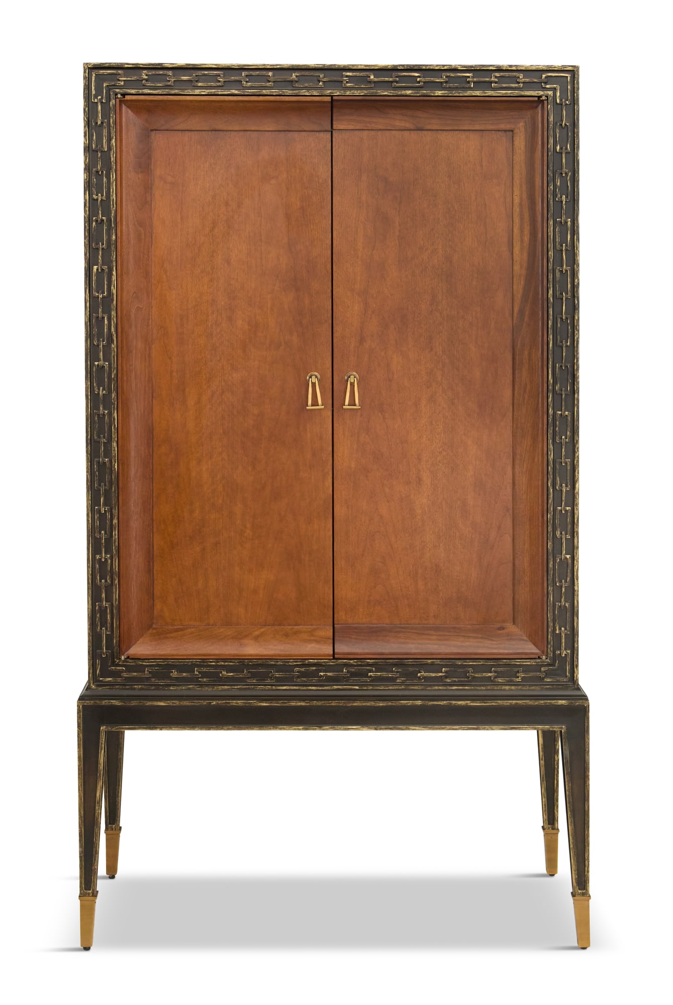 Ebonized, Mahogany and Brass Bar Cabinet: Ebonized, Mahogany and Brass Bar Cabinetthe cabinet with a pair of wooden doors set into an ebonized surround, decorated with a fret-carved, gilt-accented chain motif, raised on a base with tapered le