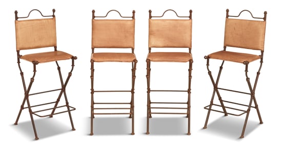 Suite of Four Iron and Leather Barstools