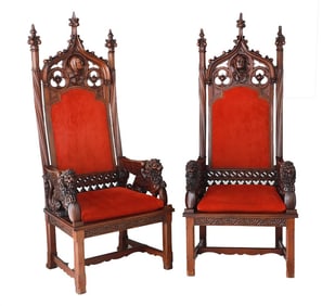 Pair of Walnut Ecclesiastical Armchairs
