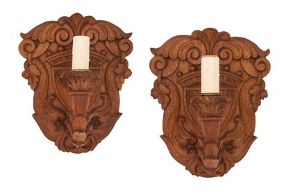 Pair of Carved Walnut Sconces