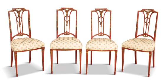 Four Red Chinoiserie-Decorated Side Chairs
