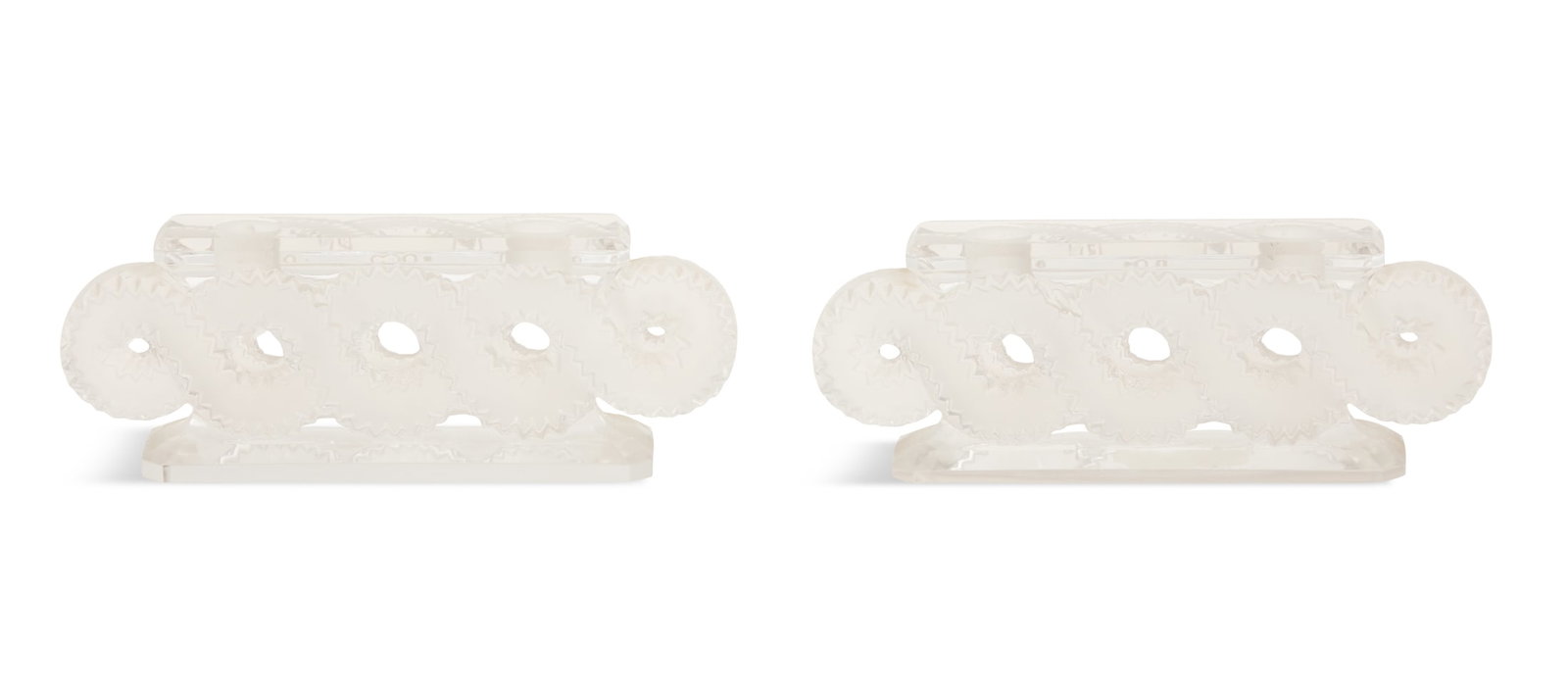 Lalique "Auriac" Double-Light Candlesticks: Lalique "Auriac" Double-Light Candlesticks20th century, the two-light candlesticks decorated with frosted crystal guilloches, with sawtooth edges, signed.h. 3-1/4", w. 9", d. 2&quo